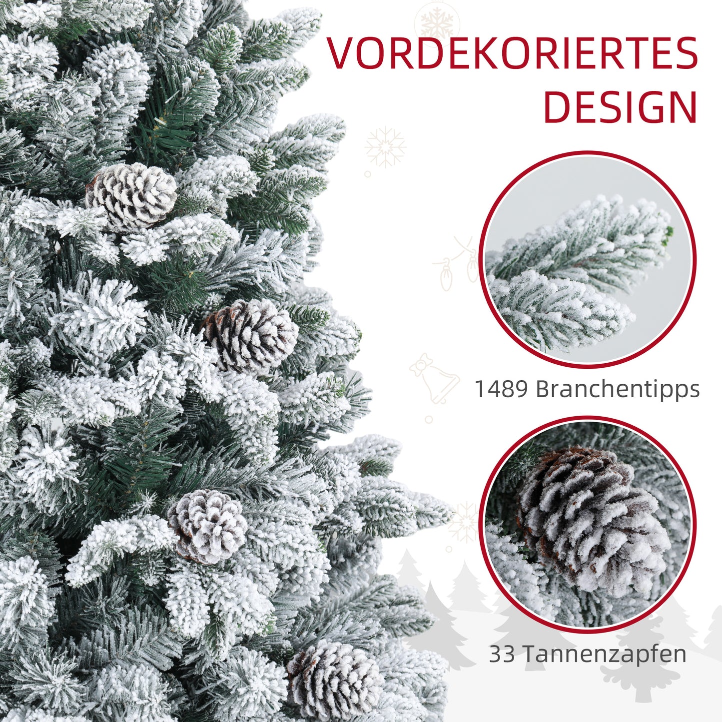 HOMCOM Künstlicher Weihnachtsbaum, Kunstschnee & Tannenzapfen, realistisch, flammhemmend, Metallfuß, 183 cm, Grün