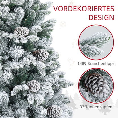 HOMCOM Künstlicher Weihnachtsbaum, Kunstschnee & Tannenzapfen, realistisch, flammhemmend, Metallfuß, 183 cm, Grün