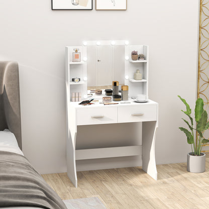 HOMCOM Schminktisch mit Spiegel und dimmbaren LED-Lampen, Schubladen, Regale, Weiß