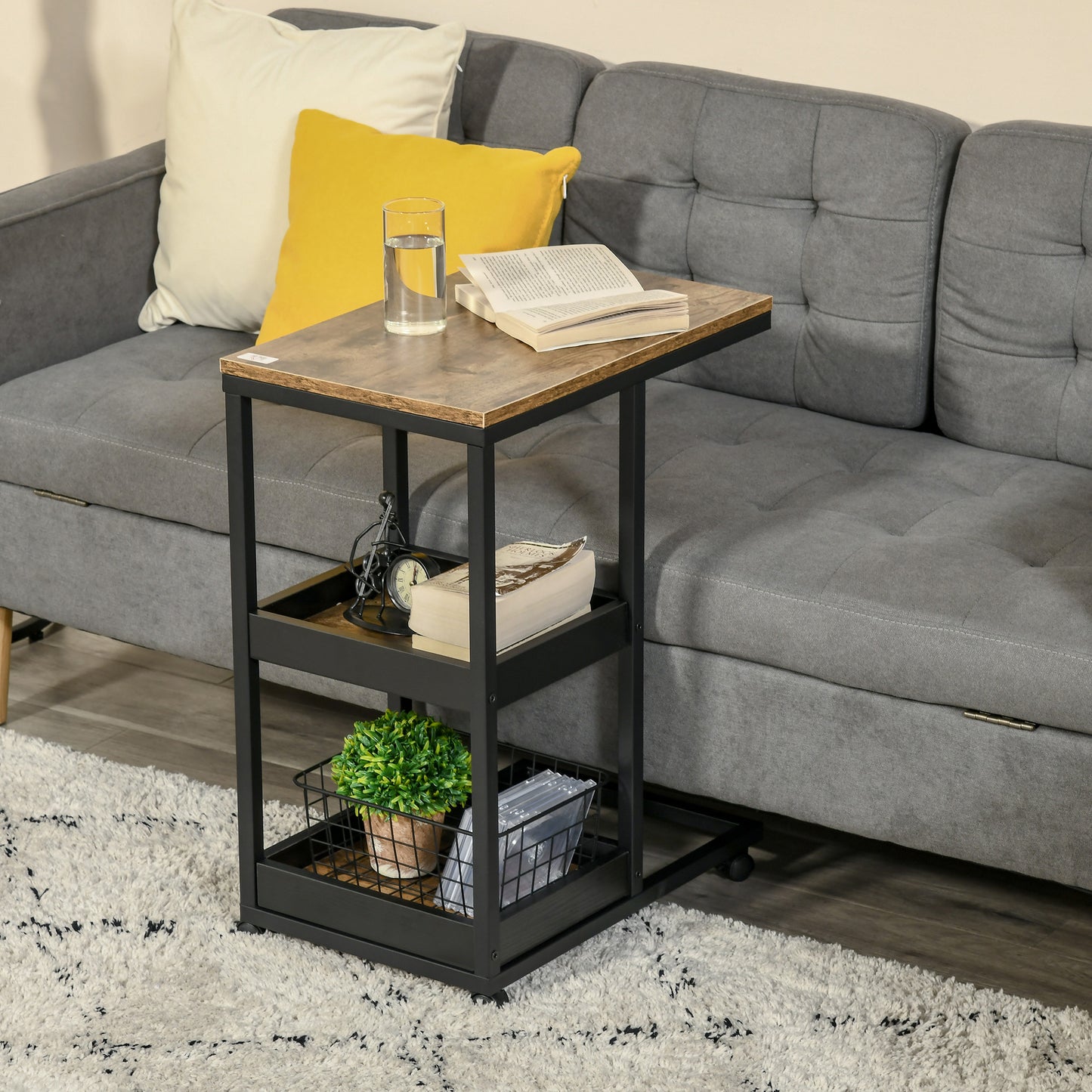 HOMCOM Beistelltisch mit Rädern für Sofa oder Bett, Industriestil, Stahl und Holz, Braun und Schwarz
