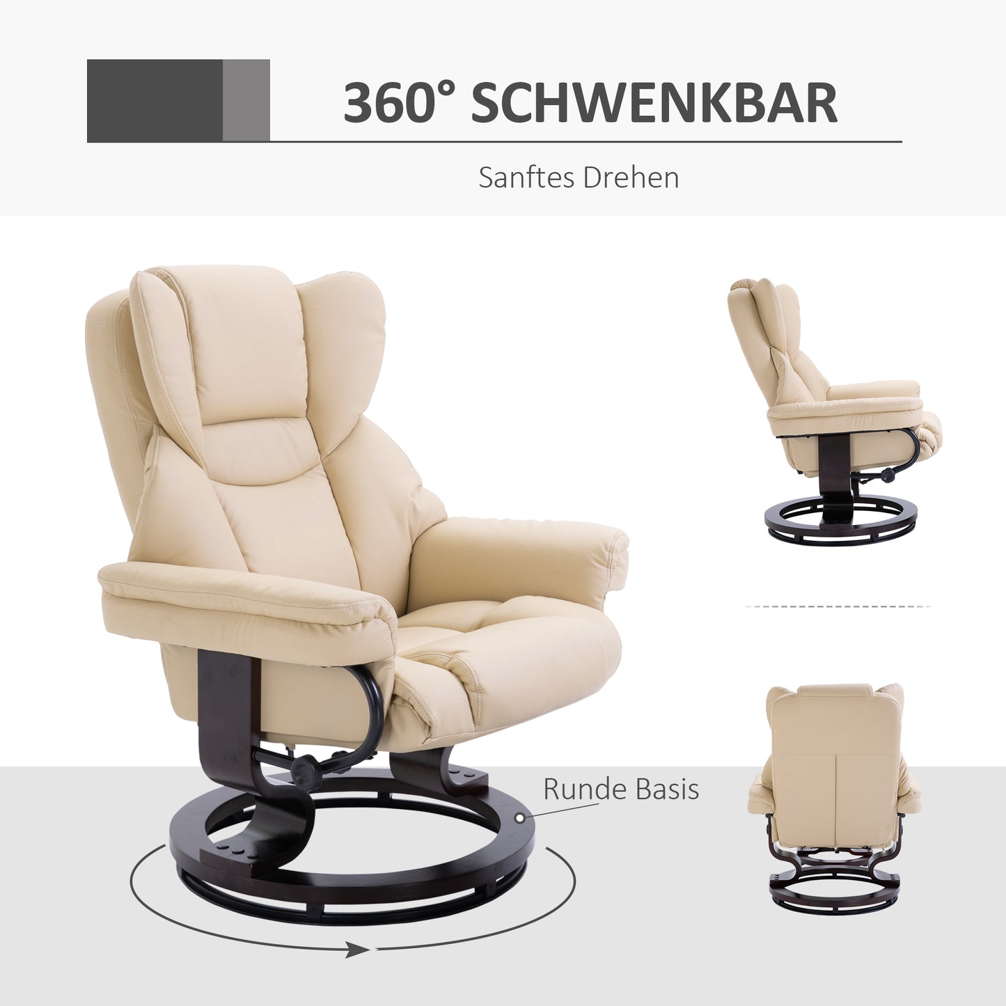 HOMCOM Relaxsessel mit Hocker, Liegefunktion, drehbar, bis 160 kg, Kunstleder, Metallrahmen, creme, 80 x 79 x 100 cm