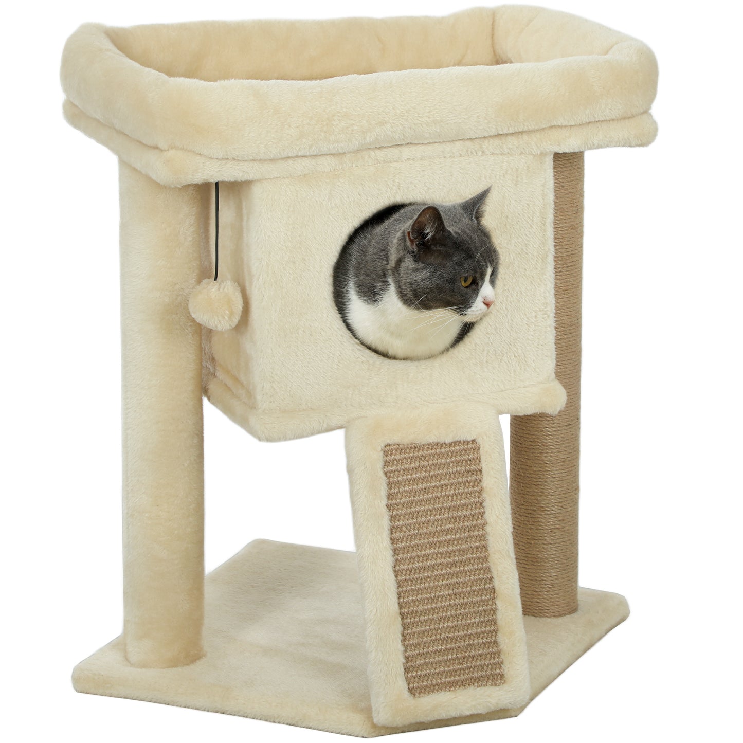PawHut Kratzbaum mit Jute-Kratzmatte, Liegeplattform, Spielball, Katzenhaus, Beige, 40 x 40 x 57 cm