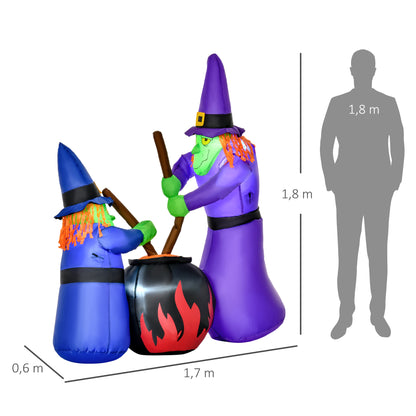 HOMCOM Aufblasbare Hexen Hexenkessel Figur Luftfigur Halloween Deko mit LED Beleuchtung, Polyester, 170x60x180cm