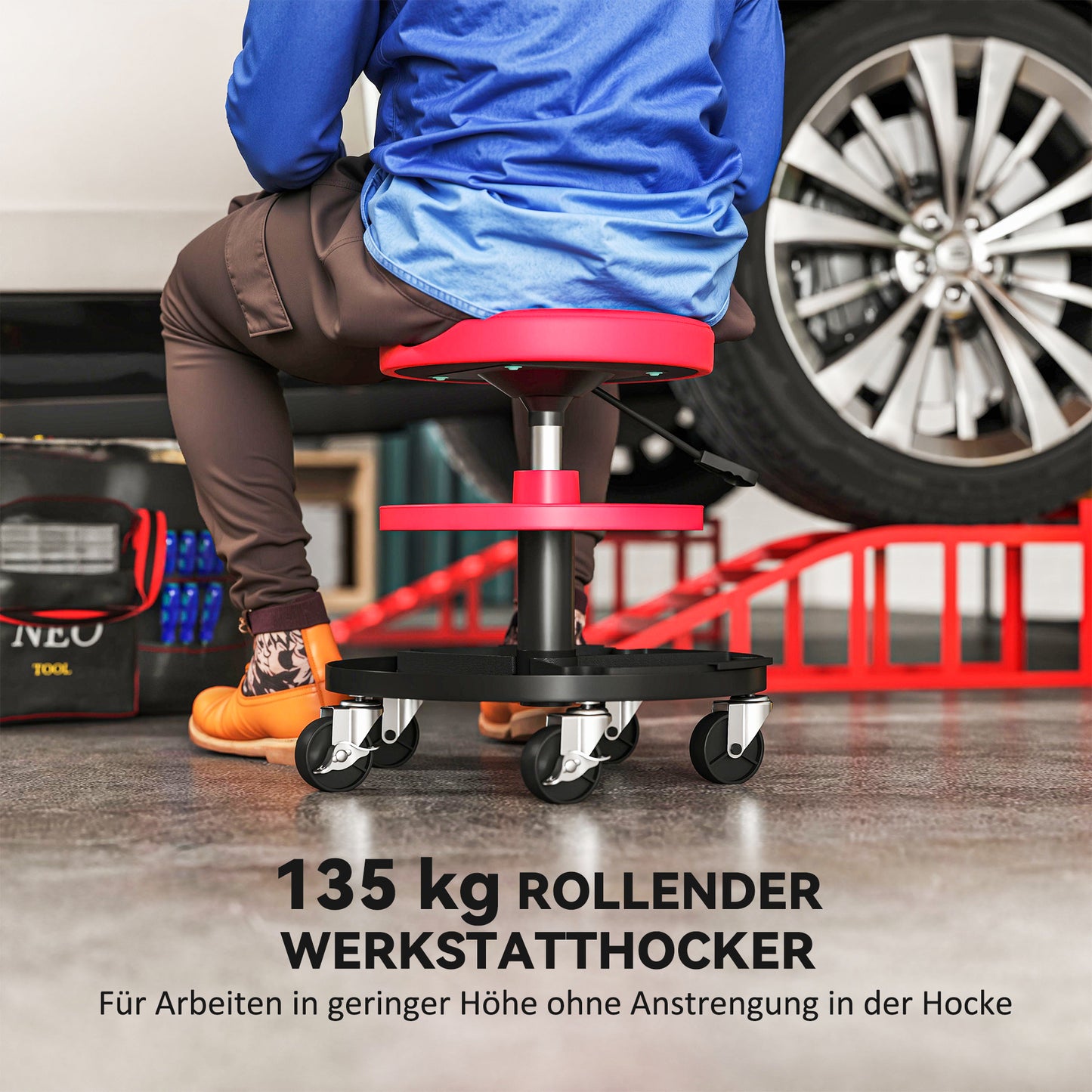 HOMCOM Werkstatthocker mit Rollen Tabletts höhenverstellbar 40-51cm Rollhocker bis 135 kg belastbar Rot