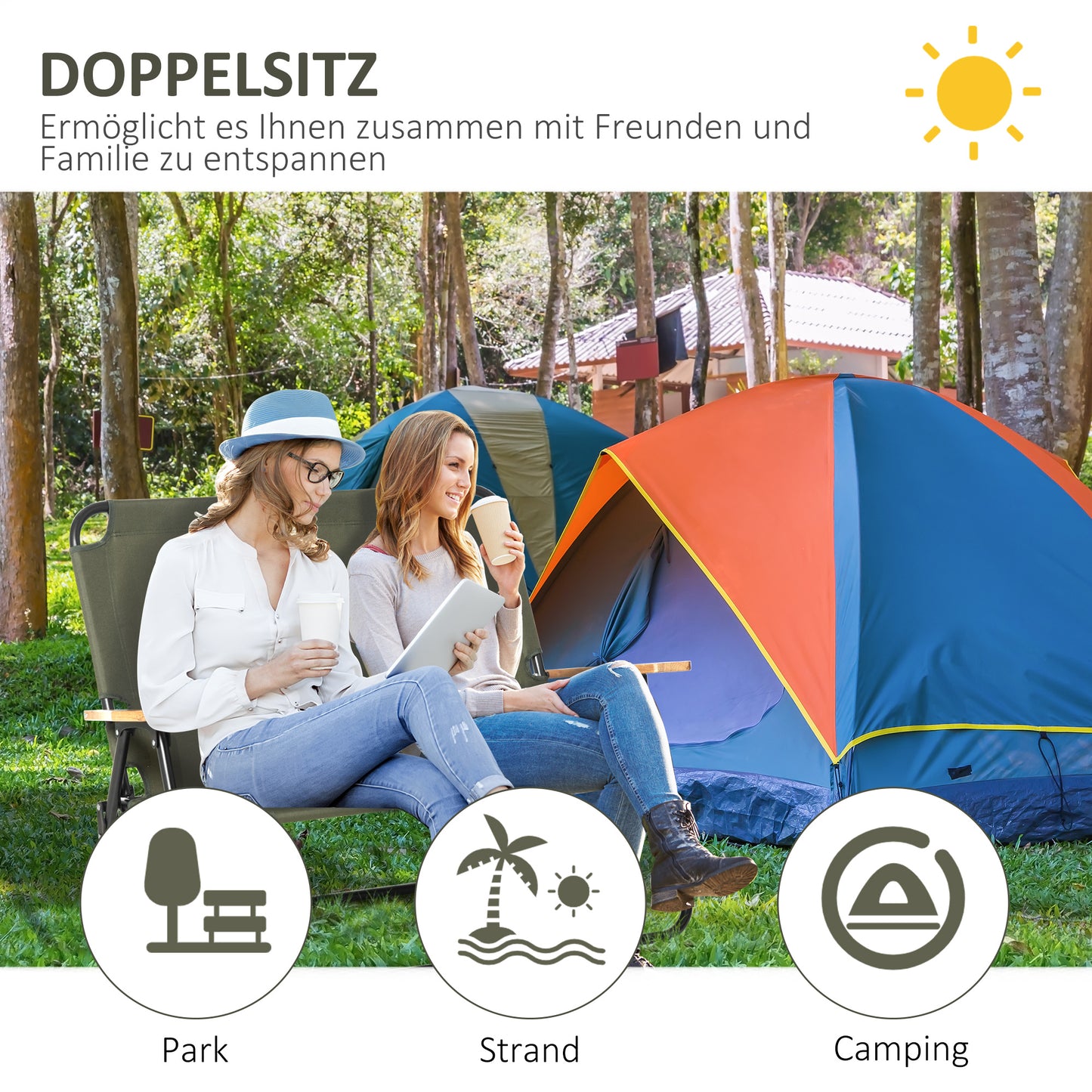 Outsunny Faltstuhl 2-Sitzer faltbar Campingstuhl mit Armlehnen Getränkehalter Outdoor Klappstuhl bis 160 kg belastbar robust Angelstuhl Gartenstuhl für Garten Camping Strand