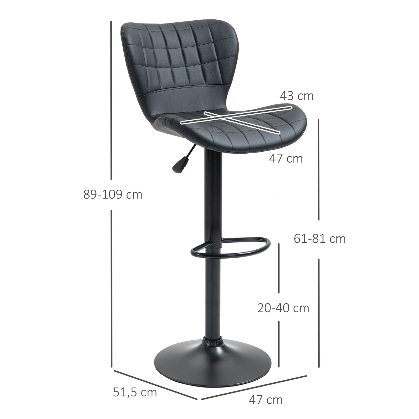 HOMCOM 2-er-Set Barhocker Retrodesign 47 cm x 51,5 cm x 89-109 cm Schwarz