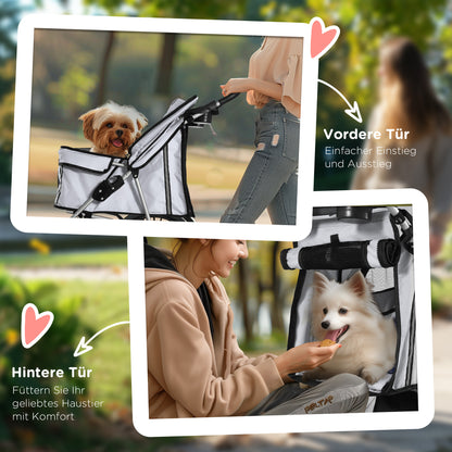 PawHut Hundewagen Hundebuggy bis 10 kg Klappbar verstellbares Vordach 2 Becherhalter Sonnendach Silber