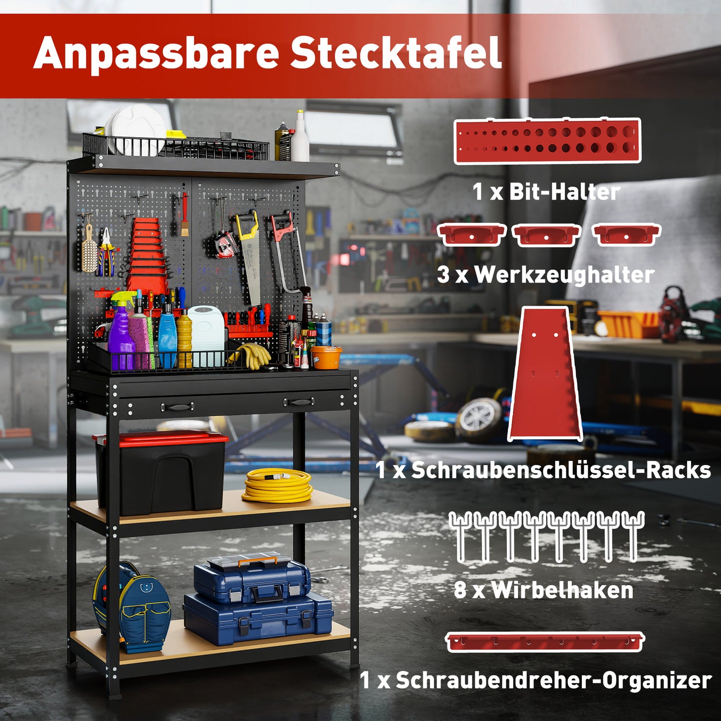 HOMCOM Werkbank 80 x 40,5 x 155 cm Werkzeugbank mit Lochwand, Haken, Schublade, 2 Ablagen für Werkstatt Schwarz