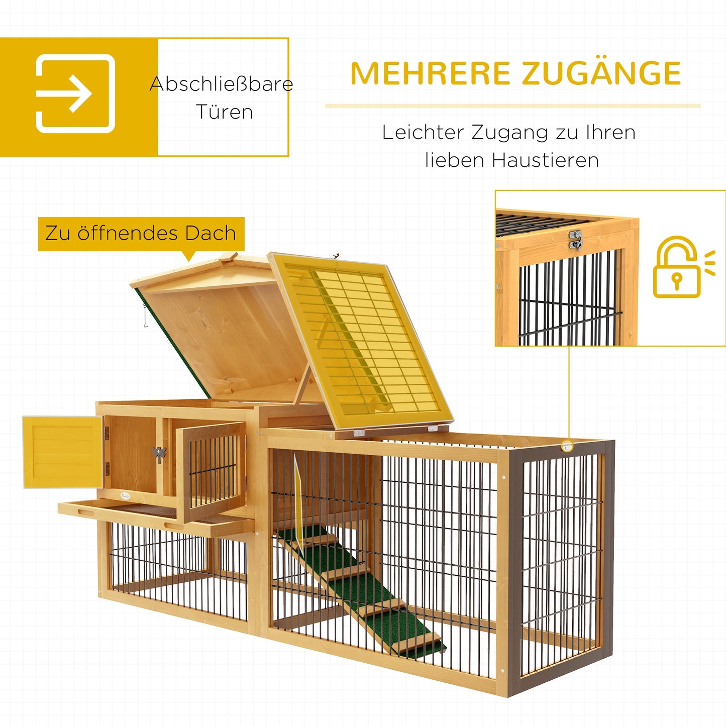 PawHut Hasenstall 2 Ebenen Kaninchenstall Tannenholz Winterfest Doppelstockhaus mit Freilaufgehege Rampe 150x52x68 cm Gelb