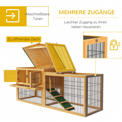 PawHut Hasenstall 2 Ebenen Kaninchenstall Tannenholz Winterfest Doppelstockhaus mit Freilaufgehege Rampe 150x52x68 cm Gelb