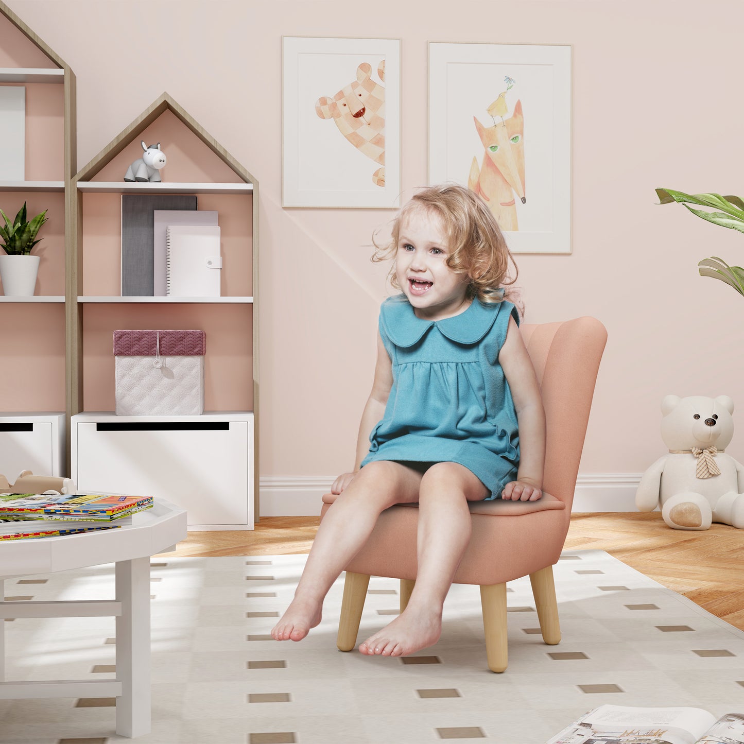 AIYAPLAY Kindersessel, Samtoptik, für 3-7 Jahre, bis 45 kg, Holzgestell, 44x45x56,5cm, Pink
