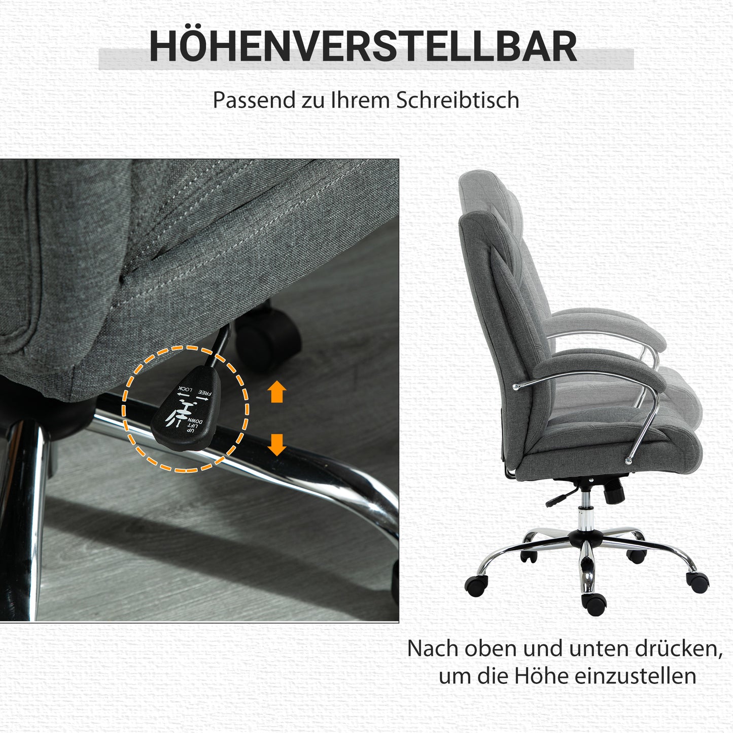 Vinsetto Bürostuhl mit Wippfunktion ergonomischer Stuhl mit gepolsterte Armlehne Kopfstütze höhenverstellbarer Schreibtischstuhl Drehstuhl mit Rückenlehne Nylon Grau 65 x 78 x 110-118 cm