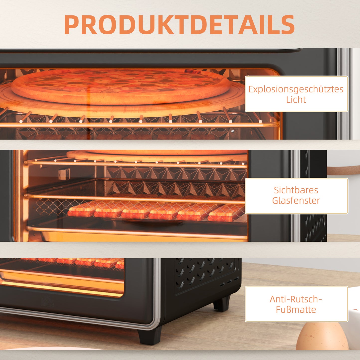 HOMCOM Minibackofen, 20L, 5 Funktionen, 360° Heißluft, Grillrost, Krümelblech, Schwarz