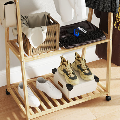 HOMCOM Kleiderständer, 2 untere Regale, 67 cm lange Kleiderstange, Bambusholz, Rollen