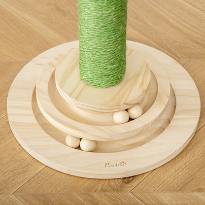 PawHut Katzen Kratzbaum Kaktus Katzenbaum Kiefernholz Sisal Seil Kratzstamm mit Holzkugel-Katzenspielzeug für Katzen 60 cm Hoch Grün+Natur