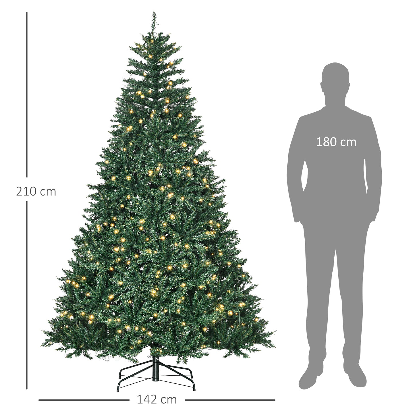 HOMCOM Weihnachtsbaum، 700 مصباح LED دافئ، 2154 Zweige، flammhemmend، Kunststoff/Metall، 210 x 142 سم، Grün