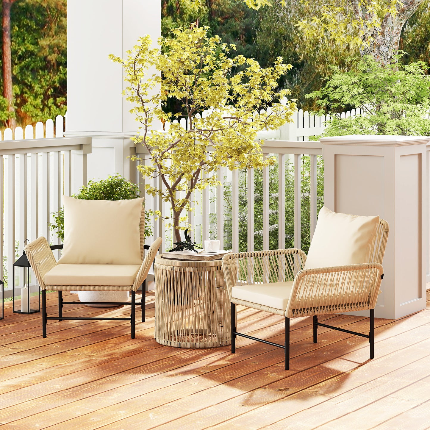 Outsunny Polyrattan Gartenmöbel Set, Outdoor Balkonmöbel für 2 Personen, 3-teilig mit 2 Stühle, Beistelltisch Sitzkissen