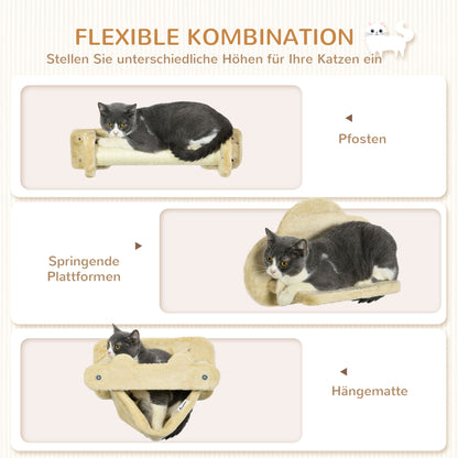 PawHut Katzentreppe, 5-teiliges Set, 2 Kratzstämme, 2 Plattformen mit Plüschbezug, Hängematte, beige