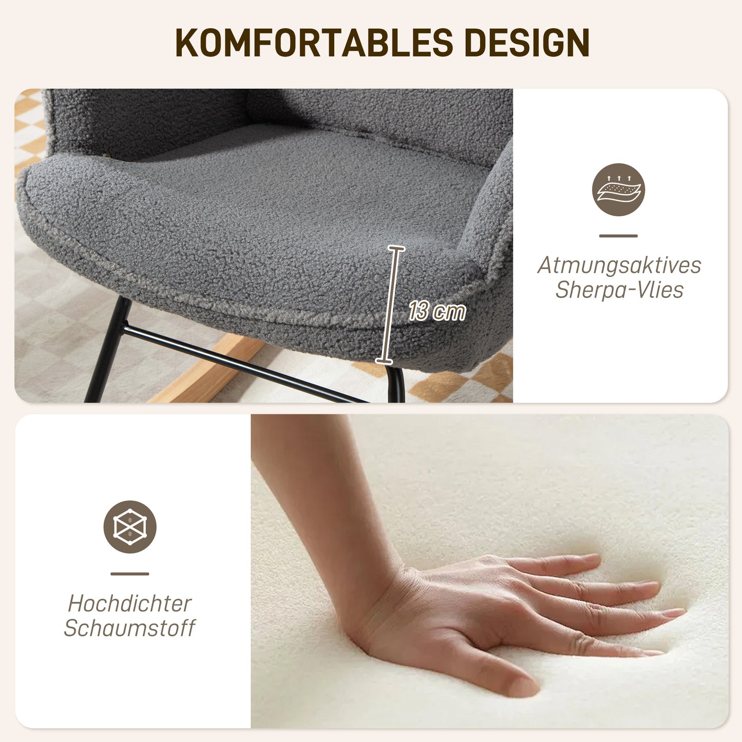 HOMCOM Schaukelstuhl mit Fußhocker، Weicher Fleece-Bezug، Holzbeine، Kissen، hohe Rückenlehne، Schaukelsessel، Dunkelgrau
