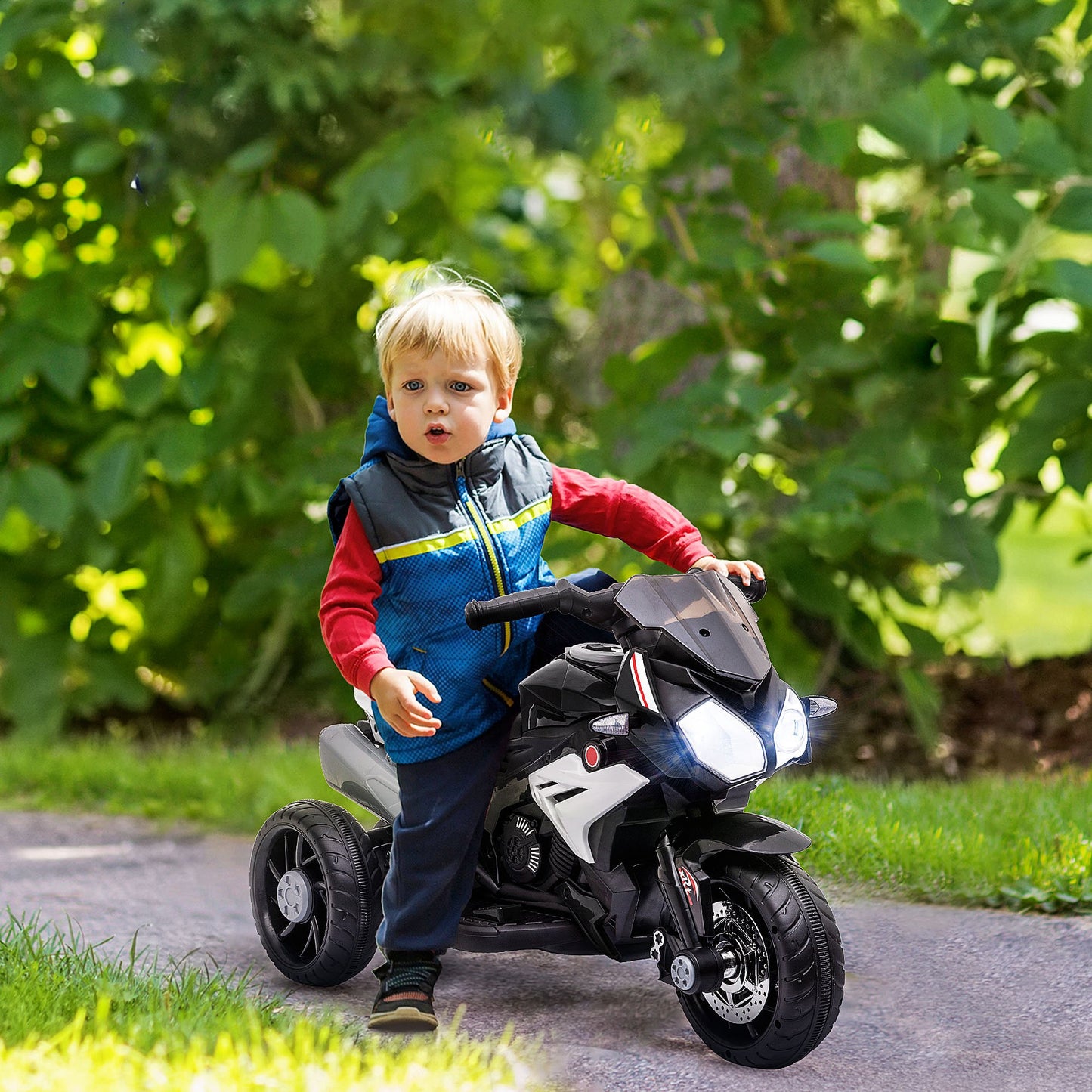 HOMCOM Elektro-Kindermotorrad, Lichter & Geräusche, 3 km/h, wiederaufladbar, Kunststoff & Metall, Schwarz/Weiß