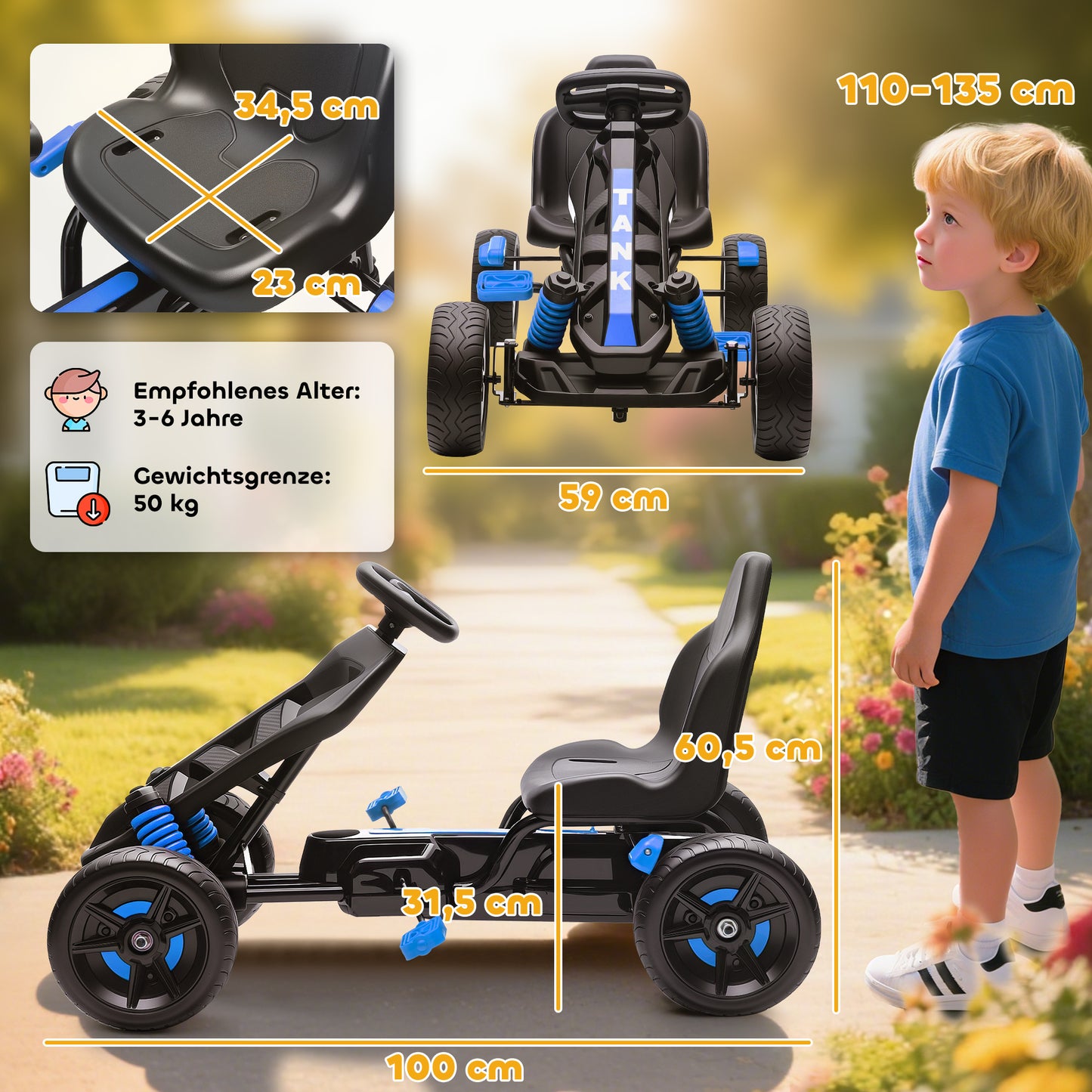 AIYAPLAY Gokart mit Pedalen, Tretauto für Kinder mit Bremse, rutschfeste Räder, Metallrahmen, 3-6 Jahre, Blau