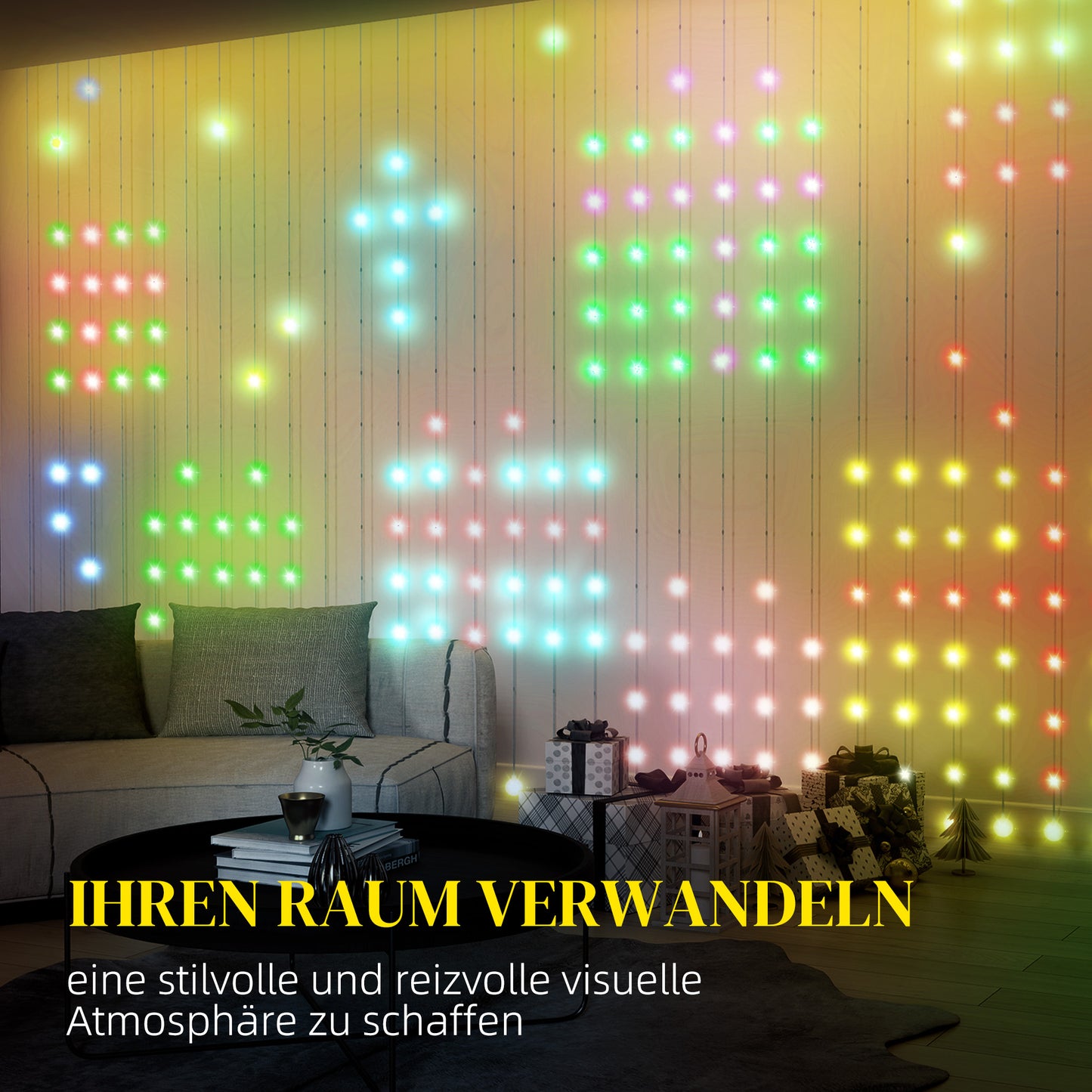 HOMCOM Vorhang mit 400 LED-Lichtern، Dynamische Lichterketten mit Musiksynchronisation für Schlafzimmer، Wohnzimmer، 3 x 3 م