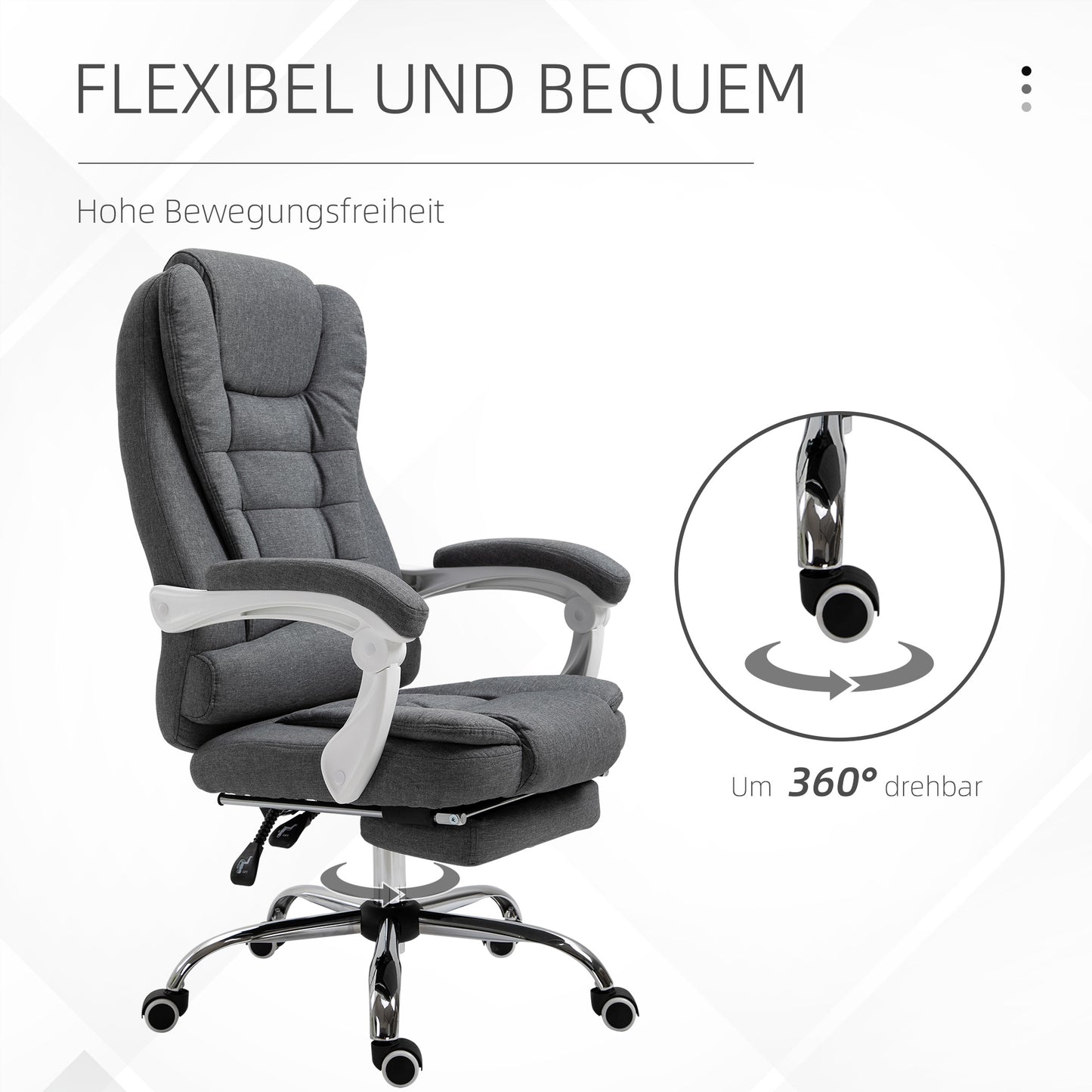 Vinsetto Bürostuhl mit ausklappbarer Fußstütze، Chefsessel، verstellbare Rückenlehne، Leinenoptik، غراو