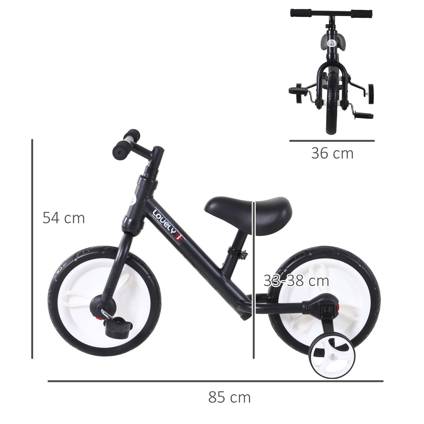 HOMCOM Kinder Laufrad ab 2-5 Jahre Lauflernrad mit Stützrädern، Pedalen، Höhenverstellbarem Sitz، دراجة التوازن Spielzeug für Kleinkinder Erste Geburtstag Geschenk، Schwarz
