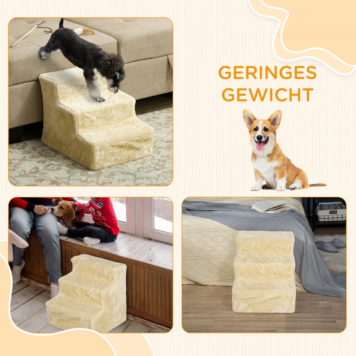 PawHut Faltbare Haustiertreppe, 3 Stufen, waschbarer Plüschbezug, Spanplatte, 46 x 35 x 35 cm, Beige