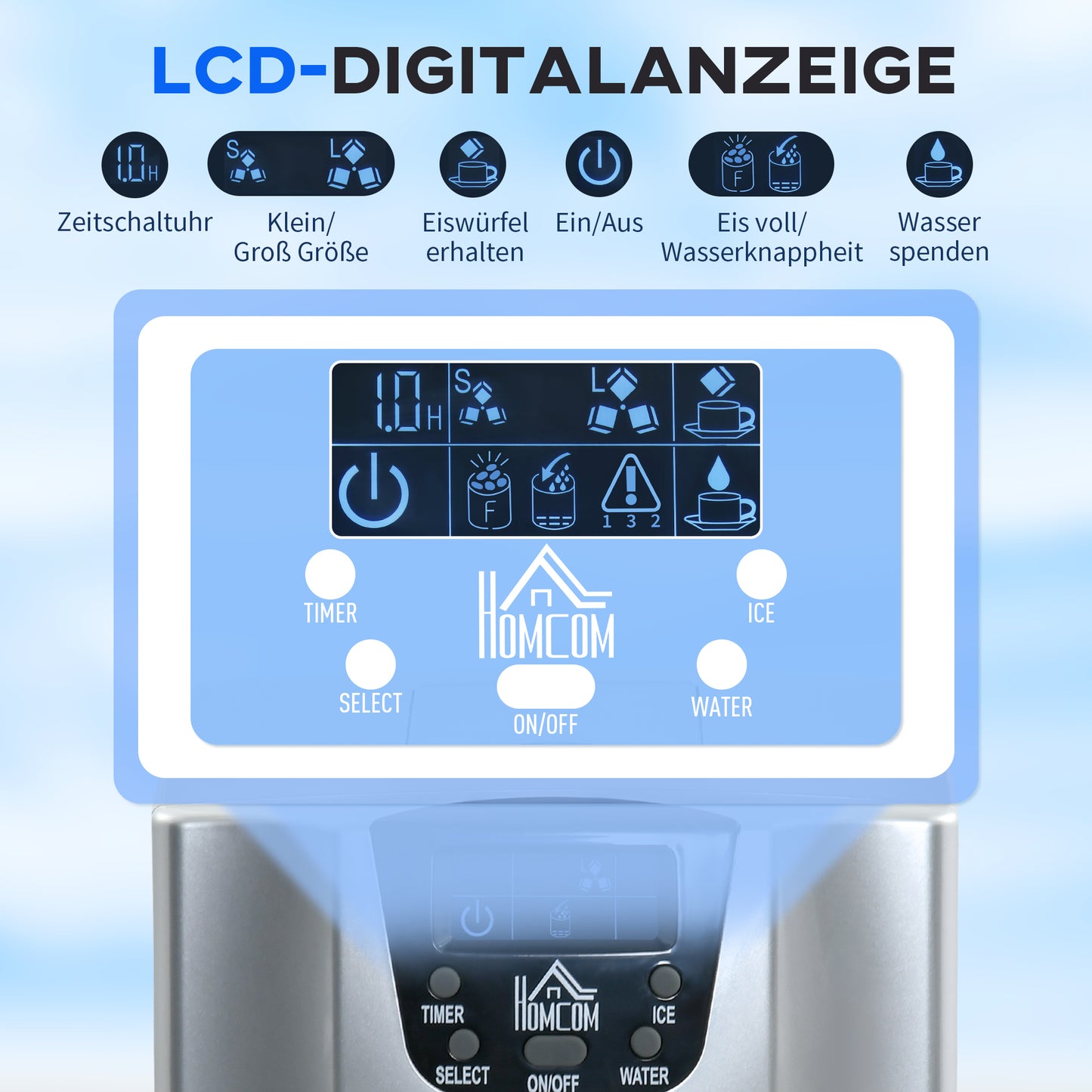 HOMCOM Eiswürfelmaschine Eiswürfelbereiter Ice-Maker, Timer-Funktion, 1,2 L Wassertank, Silber
