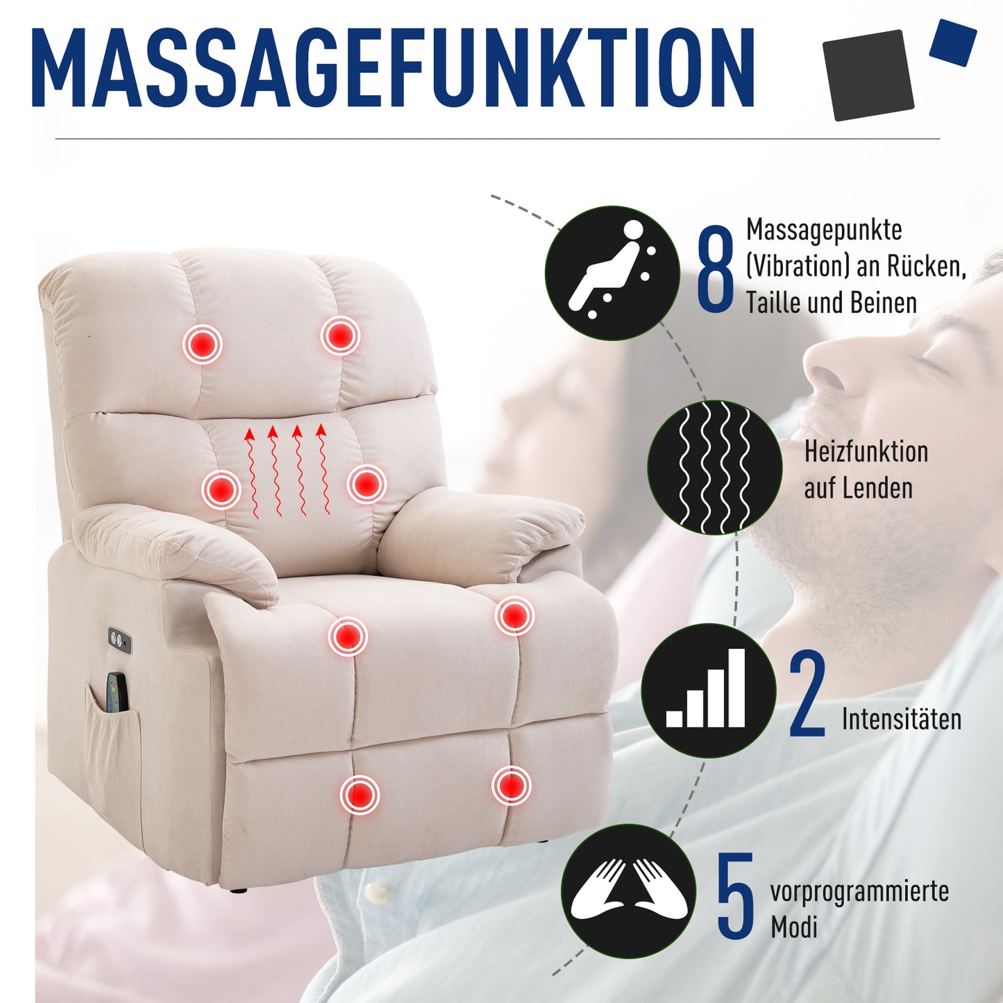 HOMCOM Sessel mit Aufstehhilfe, Massagesessel, Relaxsessel mit USB-Anschluss, Fernsehsessel mit Fernbedienung, Seitentasche, Neigebarer TV-Sessel mit Samtoptik, Beige