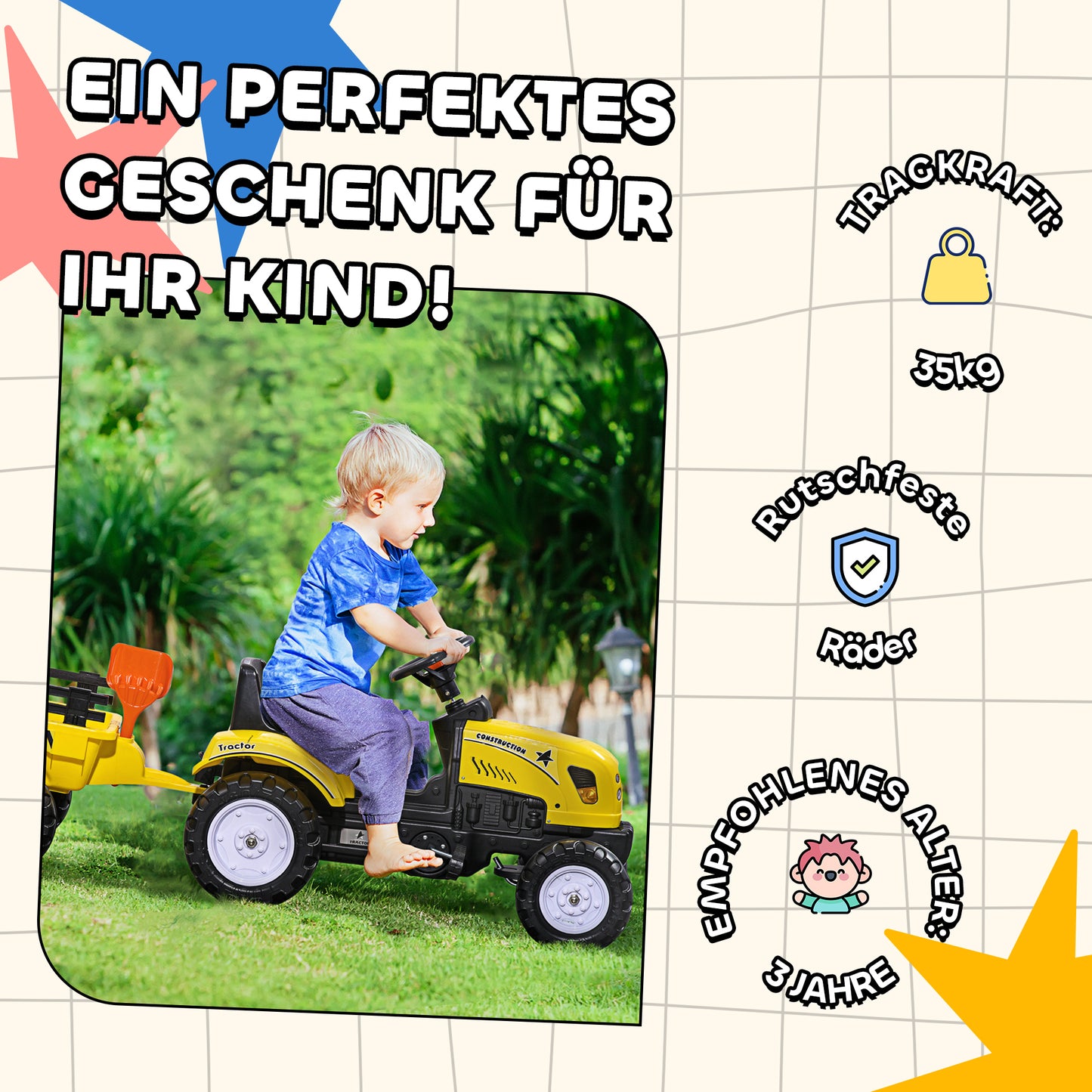 HOMCOM Trettraktor mit Anhänger, Werkzeug, Hupe, für Kinder ab 3 J., Metallrahmen, schwarz-gelb, 133 x 42 x 51 cm