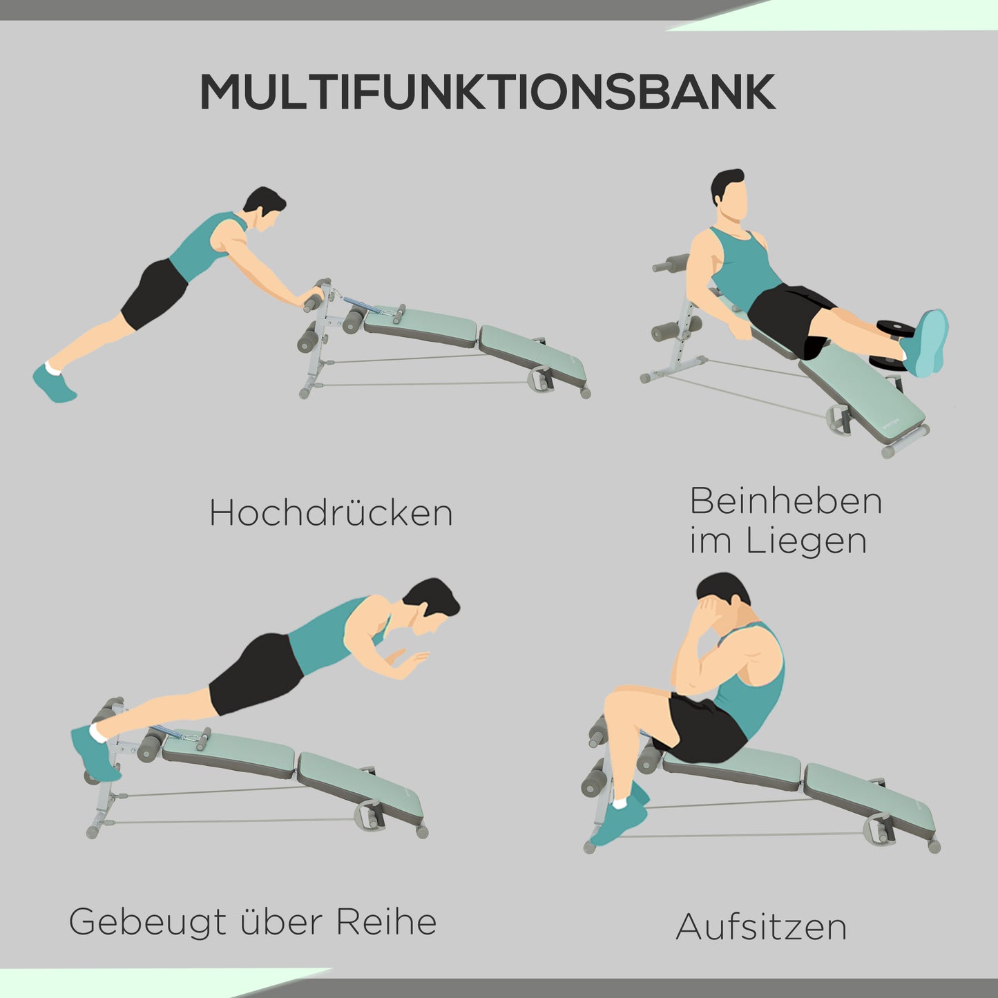SPORTNOW Trainingsbank, Bauchtrainer, höhenverstellbar, klappbar, 2 Widerstandsbänder, Stahl, grün, 51 x 137 x 50-66 cm
