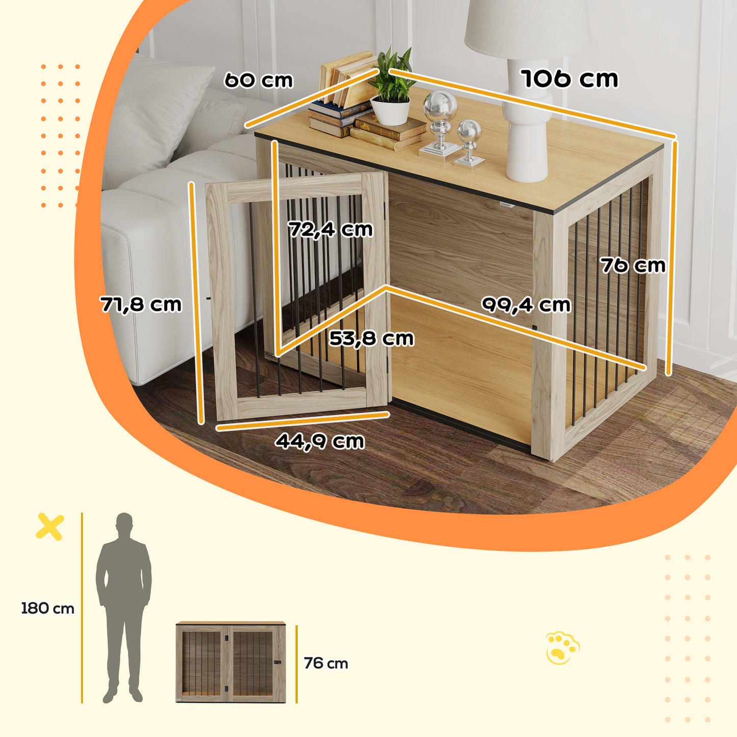 PawHut Hundebox, Haustierbox für große Hunde, Hundehütte, Indoor, 106 x 60 x 76 cm, Eiche