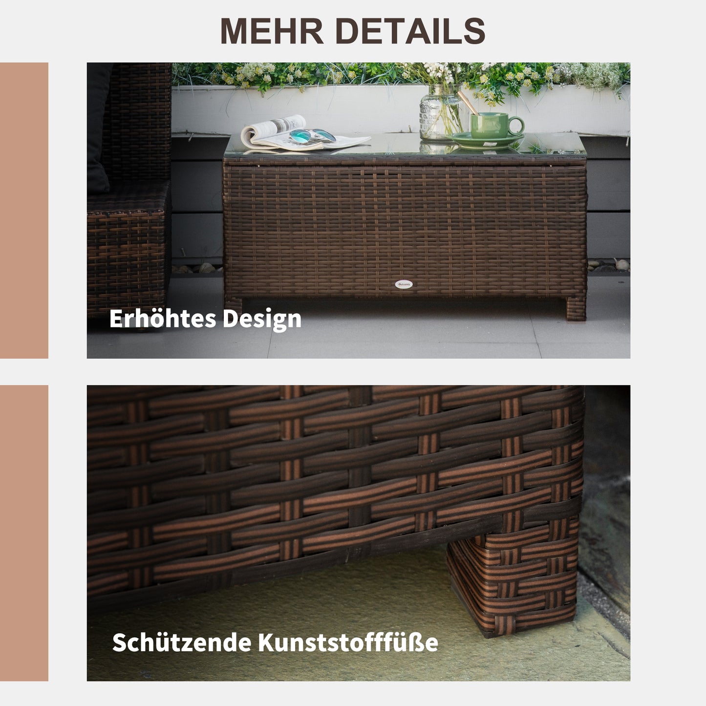 Outsunny Garten Beistelltisch Couchtisch Gartentisch Balkontisch Polyrattan Braun 85 x 50 x 39 cm