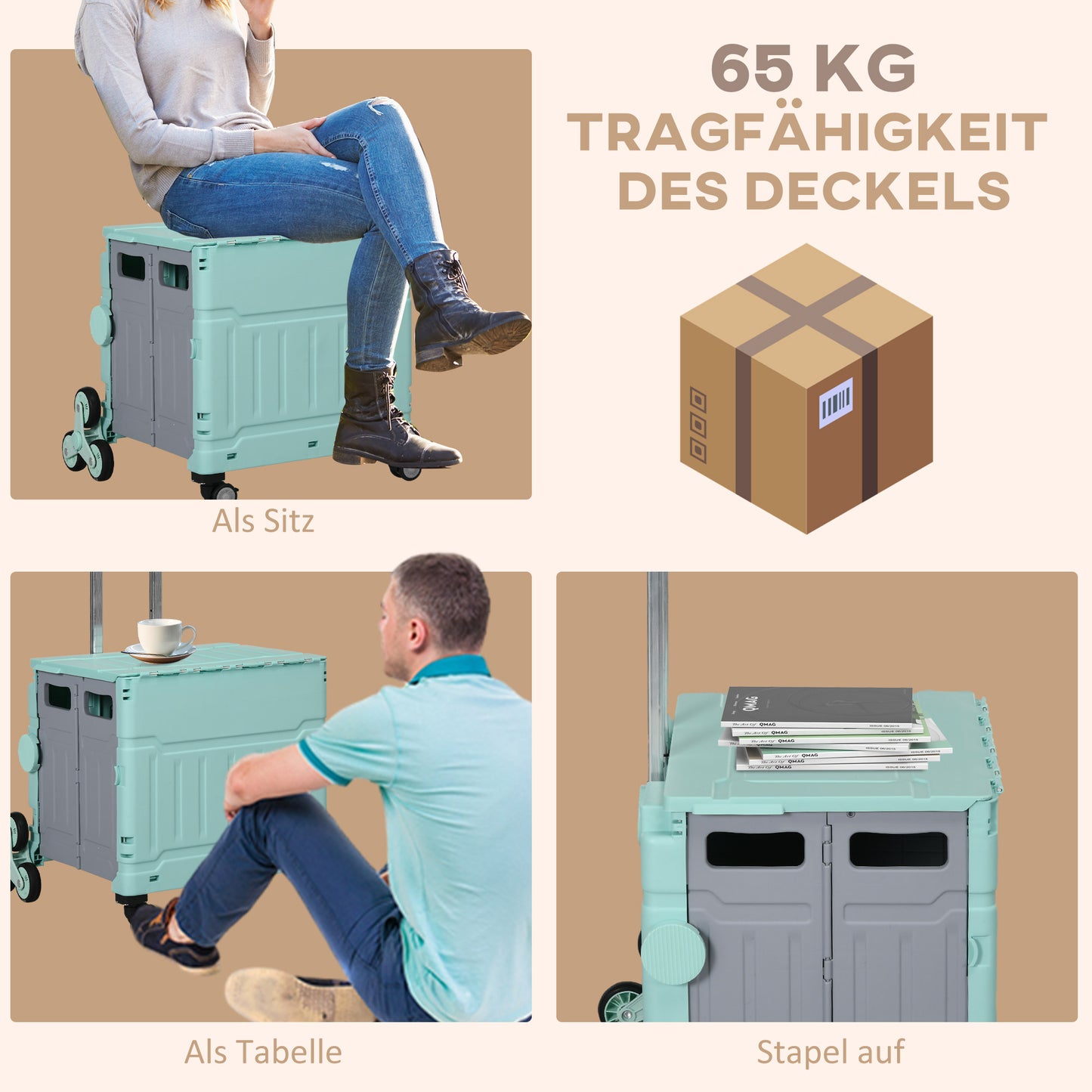 HOMCOM Einkaufswagen Einkaufstrolley, Treppensteiger, klappbar, Teleskopgriff, bis max. 65 Kilo belastbar, Grün