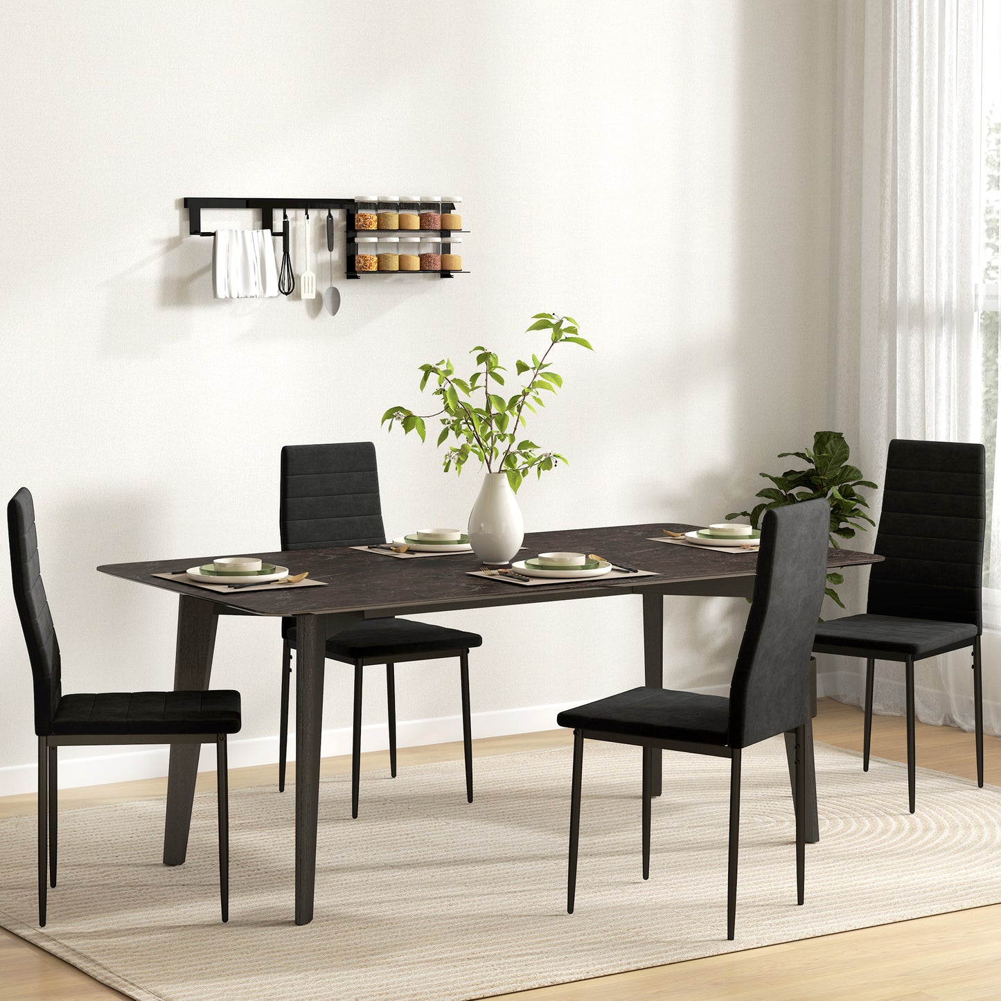 HOMCOM 4er-Set Esszimmerstühle, armloses Design, Stoffpolsterung, Metallbeine, Schwarz