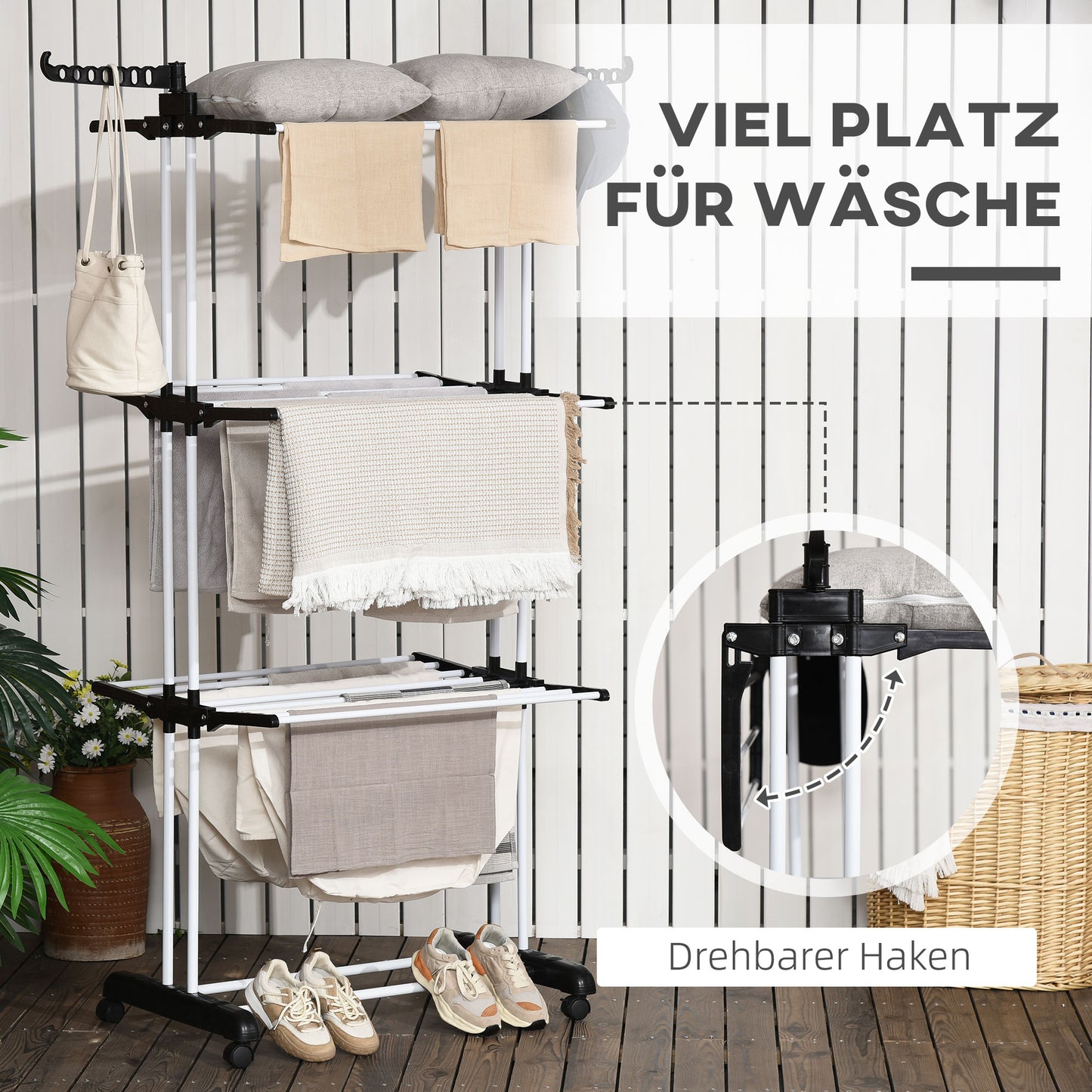 HOMCOM Wäscheständer، 4 Ebenen، klappbar، 4 Rollen mit 2 Bremsen، Metallrahmen، Schwarz، 73 × 64 × 177 سم