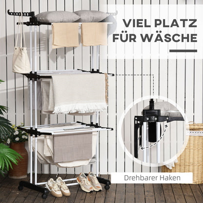 HOMCOM Wäscheständer، 4 Ebenen، klappbar، 4 Rollen mit 2 Bremsen، Metallrahmen، Schwarz، 73 × 64 × 177 سم