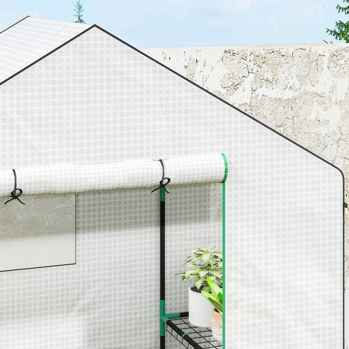 Outsunny Gewächshaus mit Regalen, Mini-Treibhaus, UV-beständig, Netzfenster, Reißverschlusstür, 143L x 74B x 190H cm, Weiß