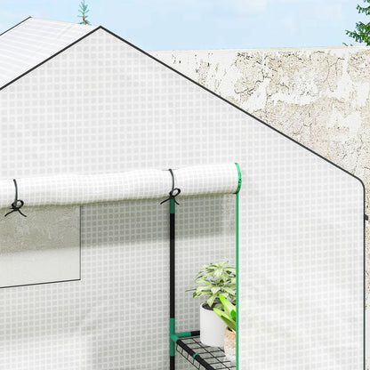 Outsunny Gewächshaus mit Regalen, Mini-Treibhaus, UV-beständig, Netzfenster, Reißverschlusstür, 143L x 74B x 190H cm, Weiß