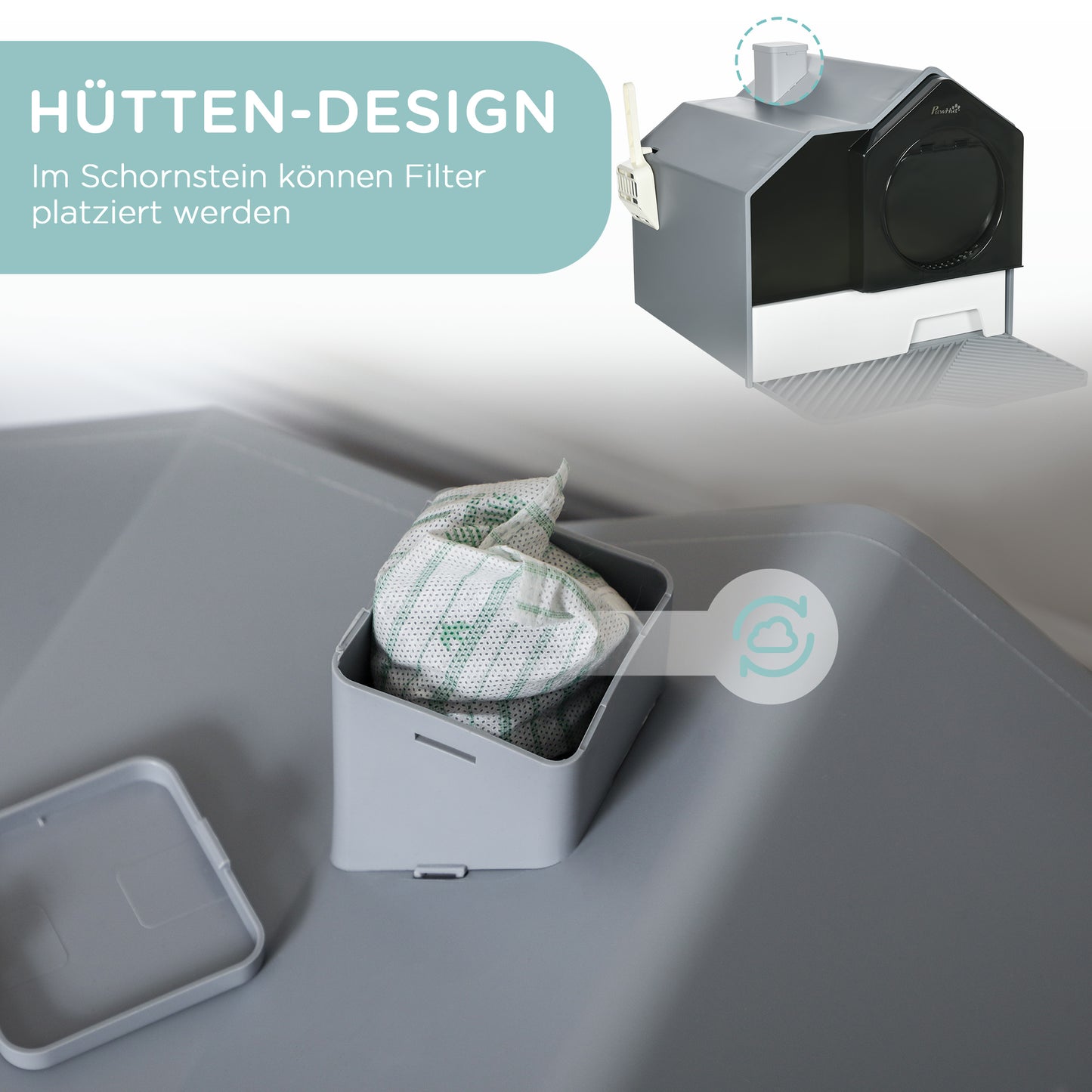 PawHut Katzentoilette im niedlichen Design, 1 Siebvorleger, 1 Streuschaufel, herausnehmbare Bodenwanne, Grau