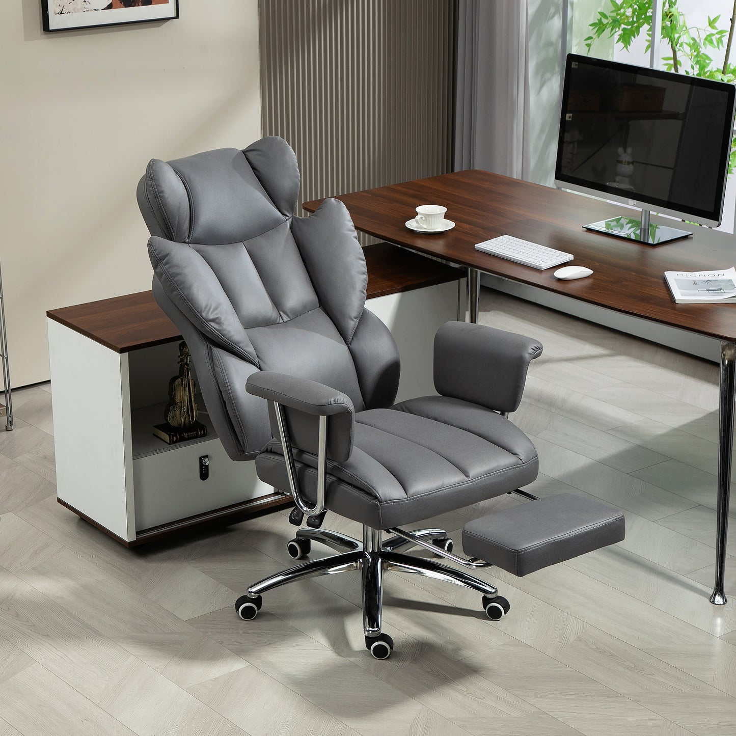 HOMCOM Ergonomischer Bürostuhl, gepolstert, mit Fußstütze, verstellbarer Lehne, 360° drehbar, Dunkelgrau