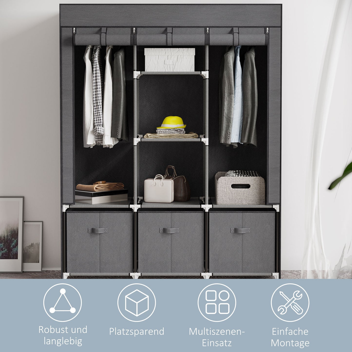 HOMCOM Stoffschrank aus Vlies, Faltschrank, inkl. 3 Schubladen, 125 cm x 43 cm x 162,5 cm, Grau