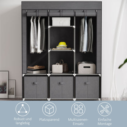 HOMCOM Stoffschrank aus Vlies, Faltschrank, inkl. 3 Schubladen, 125 cm x 43 cm x 162,5 cm, Grau