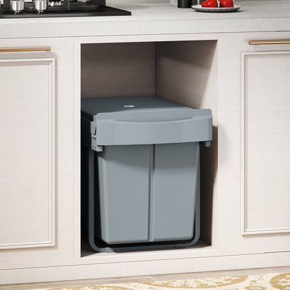 HOMCOM Ausziehbarer Mülleimer, 2 x 20 L, entnehmbare Behälter, Kunststoff, Metall, Grau
