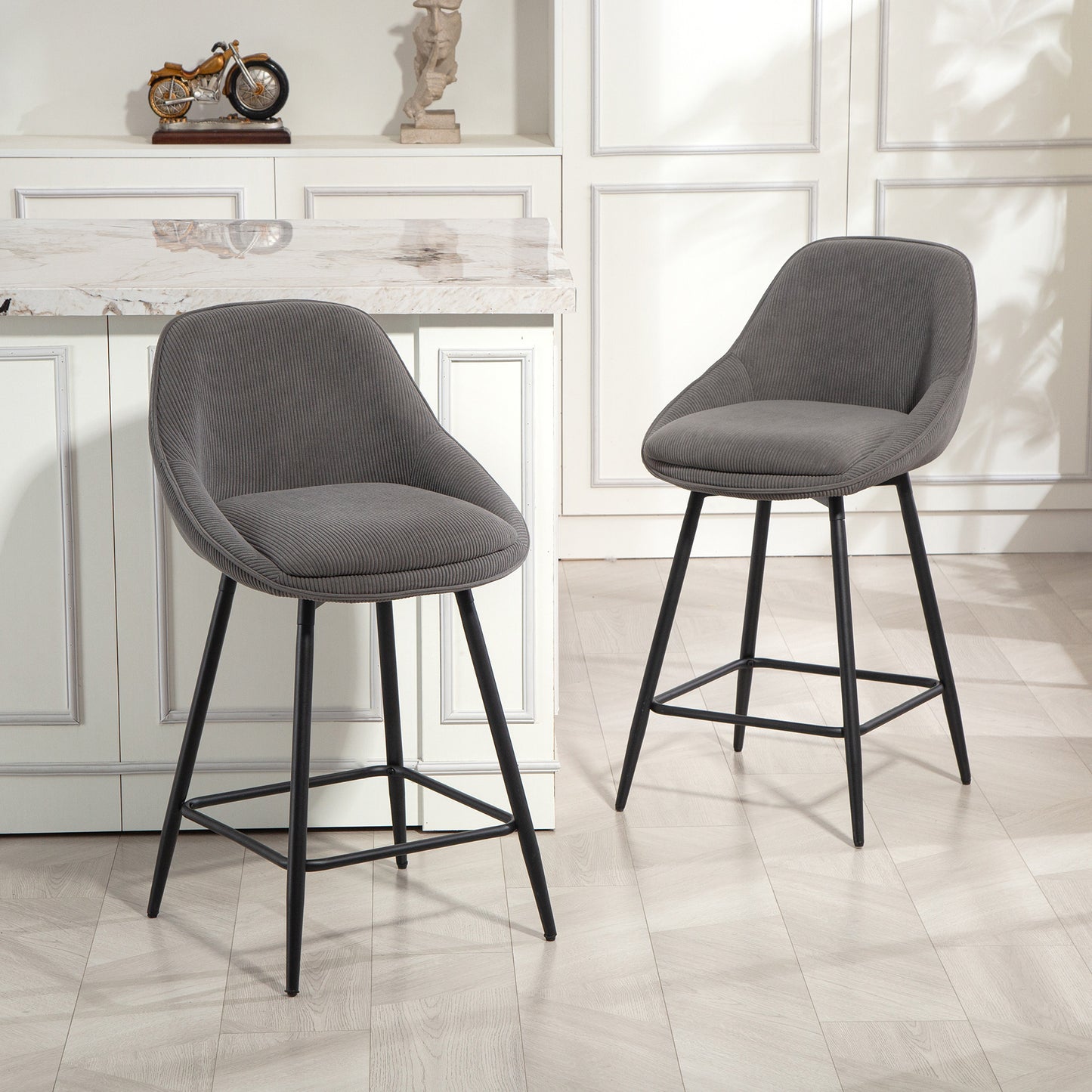 HOMCOM 2er-Set Barstühle mit Cordbezug und Stahlbeinen, Polsterstühle für Kücheninsel, Esszimmer, Grau