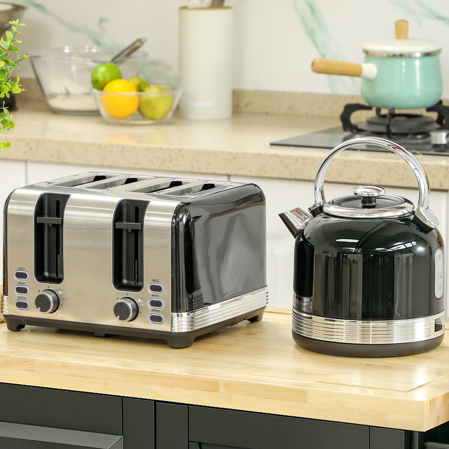 HOMCOM Wasserkocher- und Toaster-Set, 7 Bräunungsstufen, 1,7 L, Kunststoff, Edelstahl, Schwarz