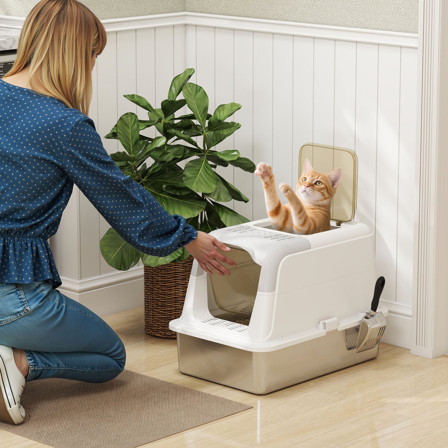 PawHut Katzenklo, Katzentoilette mit Deckel, Streuschaufel, vorne Eingang und ober Ausgang Edelstahl bis 7 kg
