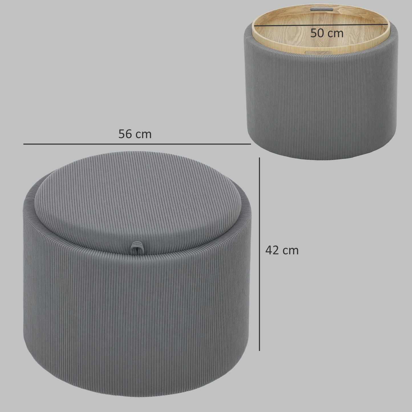 HOMCOM Aufbewahrungshocker mit Stauraum, rund, Fußstütze, Cordstoff, MDf, Grau